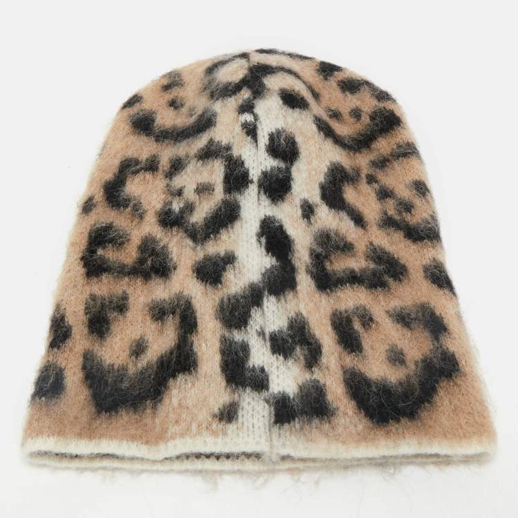 Pre Owned Laneus Beige Leopard Pattern Wool Beanie 
