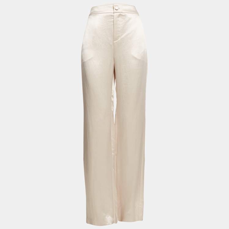 Pre Owned Lanvin Cream Satin Wide-Leg Trousers XL