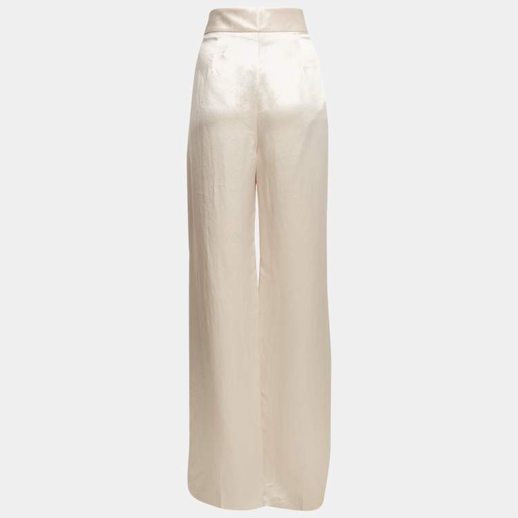 Pre Owned Lanvin Cream Satin Wide-Leg Trousers XL