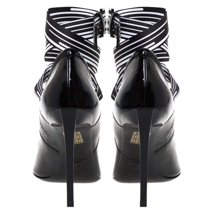 Pre Owned Lanvin Black Textured Patent Leather Pointed Toe Lace Buckle Pumps Size 36