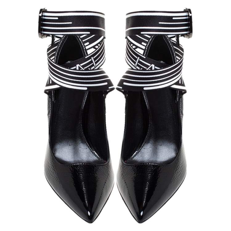 Pre Owned Lanvin Black Textured Patent Leather Pointed Toe Lace Buckle Pumps Size 36