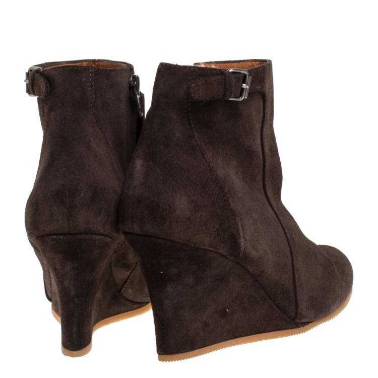 Pre Owned Lanvin Brown Suede Zip Wedge Ankle Boots Size 37.5