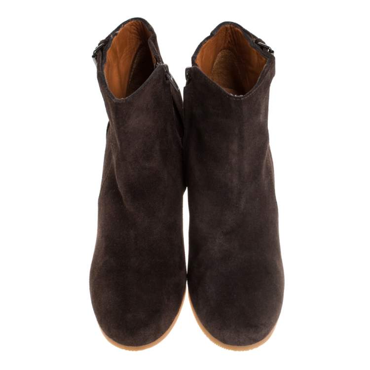 Pre Owned Lanvin Brown Suede Zip Wedge Ankle Boots Size 37.5