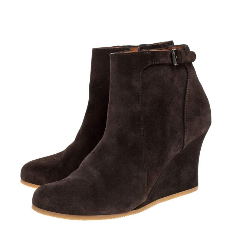 Pre Owned Lanvin Brown Suede Zip Wedge Ankle Boots Size 37.5