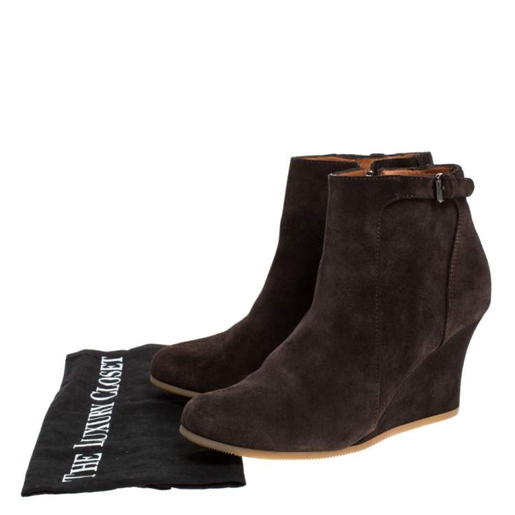 Pre Owned Lanvin Brown Suede Zip Wedge Ankle Boots Size 37.5