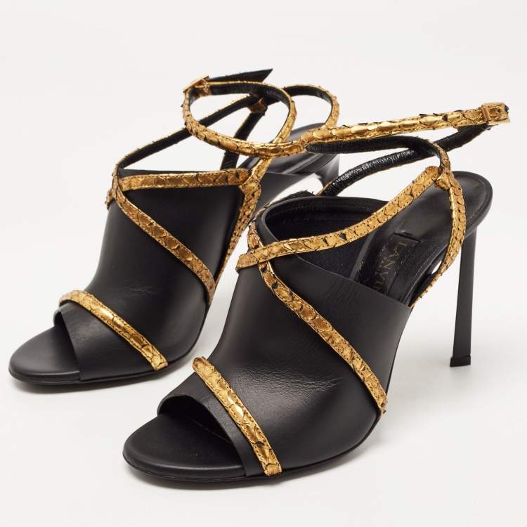 Pre Owned Lanvin Black/Gold Leather and Python Ankle Strap Mules Size 38.5