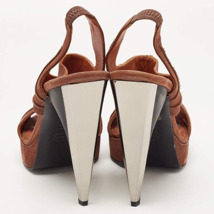 Pre Owned Lanvin Brown Nubuck Leather Platform Slingback Sandals Size 40