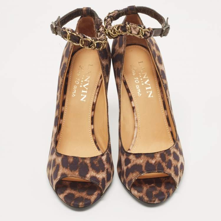 Pre Owned Lanvin Two Tone Leopard Print Fabric Open Toe Pumps Size 40
