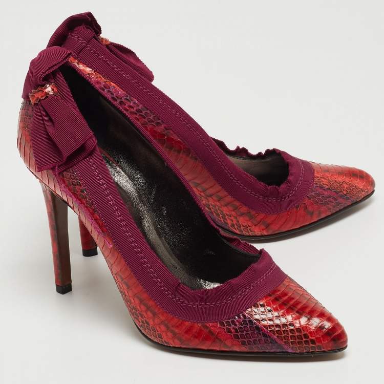 Pre Owned Lanvin Red/Purple Python and Fabric Bow Pumps Size 38
