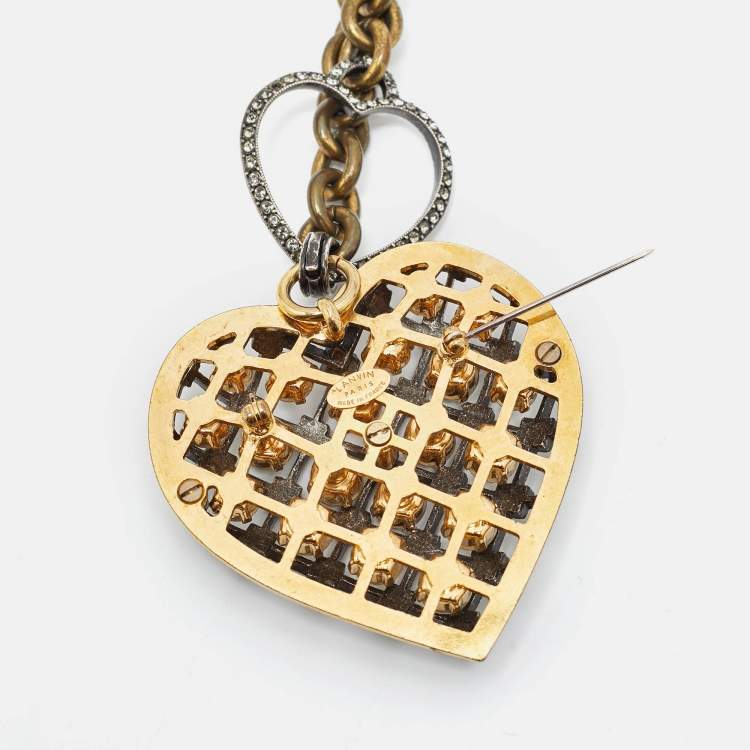Pre Owned Lanvin Heart Crystals Two Tone Metal Necklace/Brooch