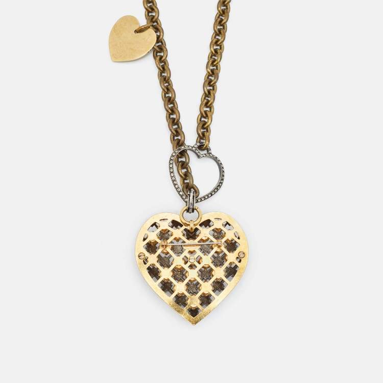 Pre Owned Lanvin Heart Crystals Two Tone Metal Necklace/Brooch