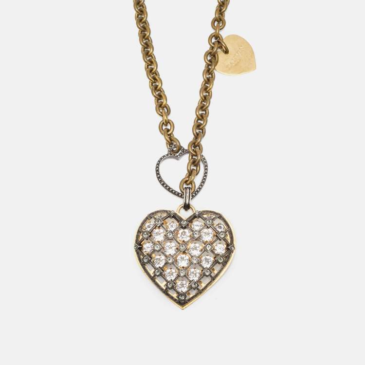Pre Owned Lanvin Heart Crystals Two Tone Metal Necklace/Brooch