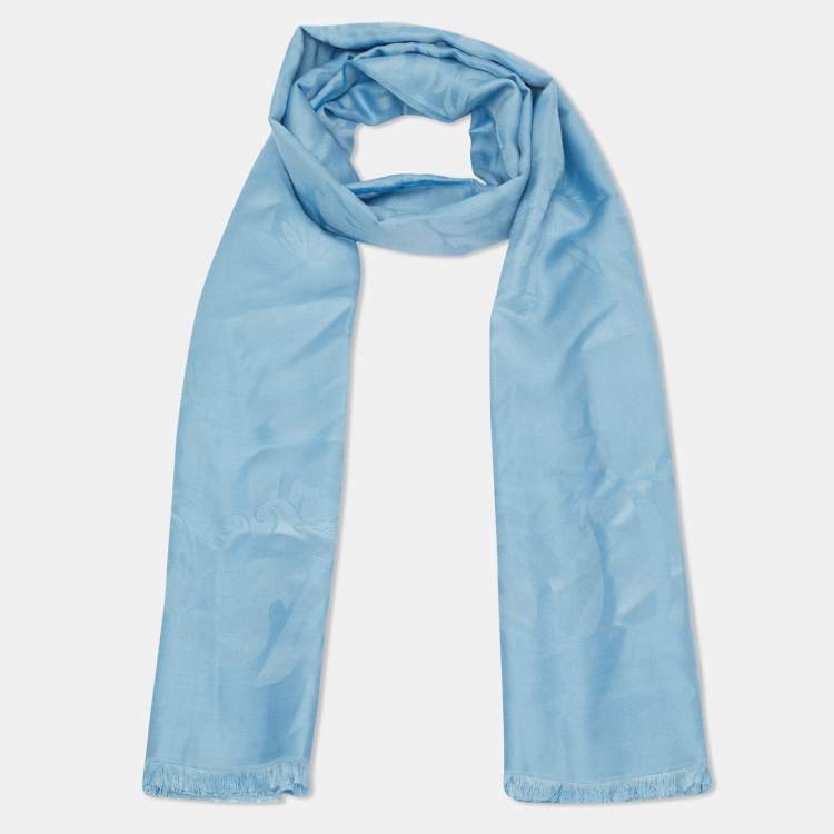 Pre Owned Lanvin Blue Island Logo Silk Jacquard Scarf