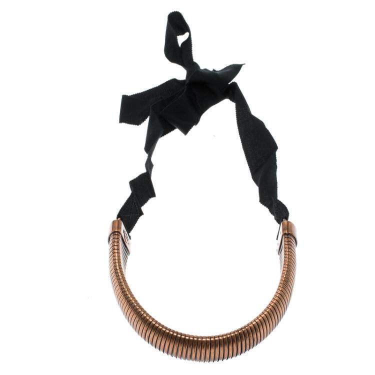 مملوكة مسبقًا Lanvin Flexible Bronze Tone Tube Black Ribbon Tie-up Necklace