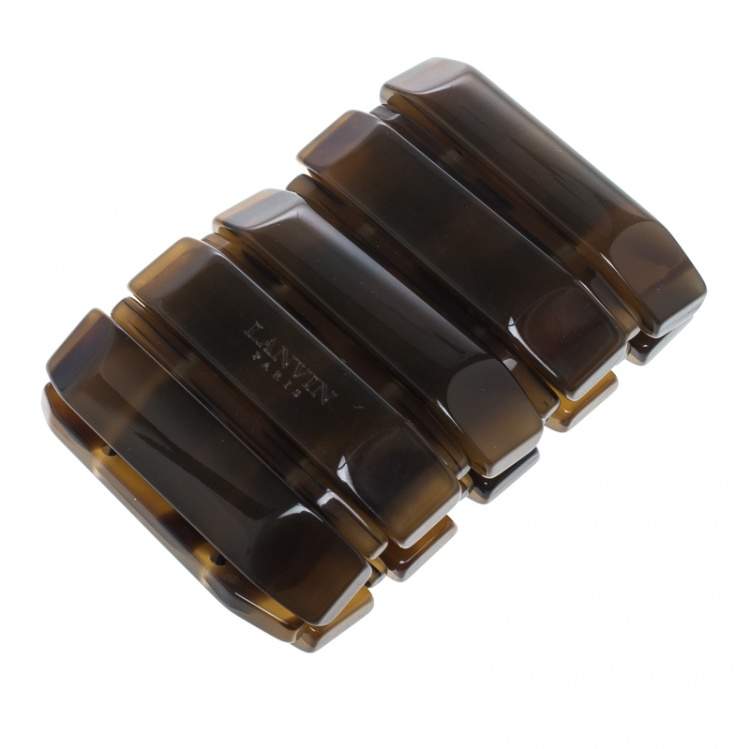 Pre Owned Lanvin Brown Plastic Polyester Elastic Wide Cuff Bracelet 
