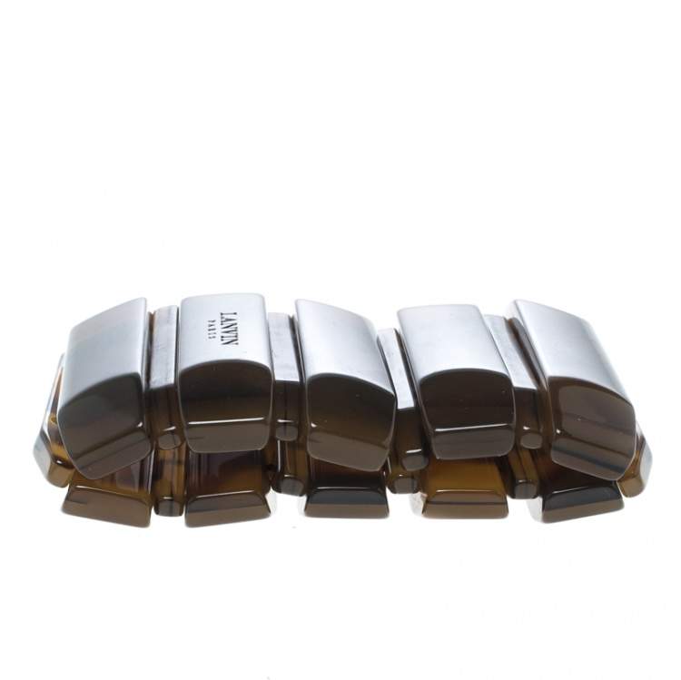 Pre Owned Lanvin Brown Plastic Polyester Elastic Wide Cuff Bracelet 