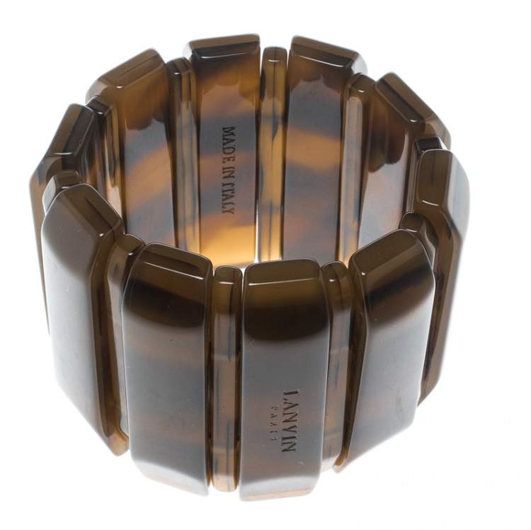 Pre Owned Lanvin Brown Plastic Polyester Elastic Wide Cuff Bracelet 