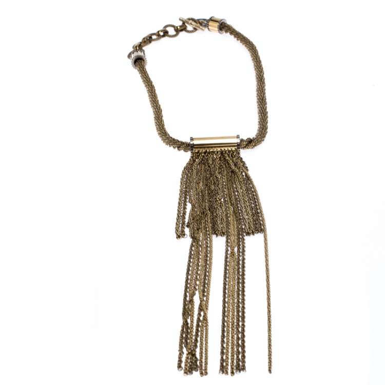 Pre Owned Lanvin Chain Link Gold Tone Long Tassel Statement Necklace