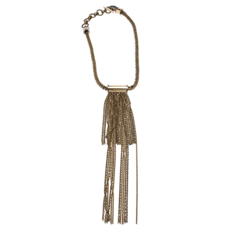 Pre Owned Lanvin Chain Link Gold Tone Long Tassel Statement Necklace