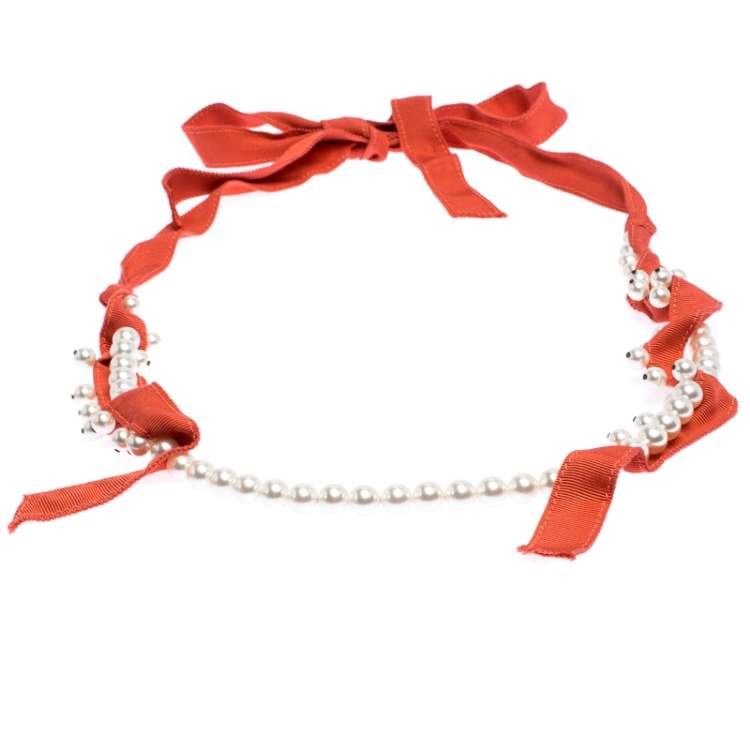 مملوكة مسبقًا Lanvin Orange Fabric Faux Pearl Strand Long Tie-up Necklace