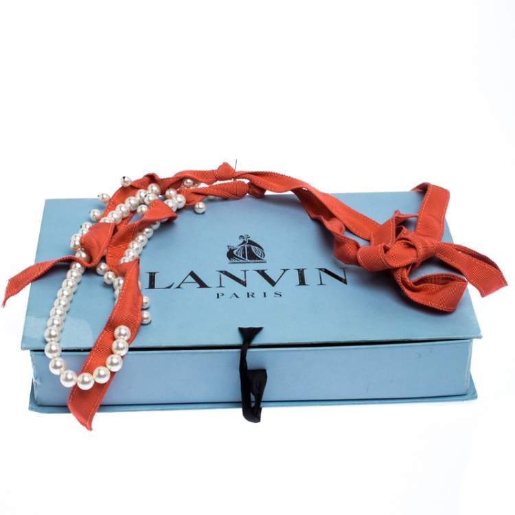 مملوكة مسبقًا Lanvin Orange Fabric Faux Pearl Strand Long Tie-up Necklace