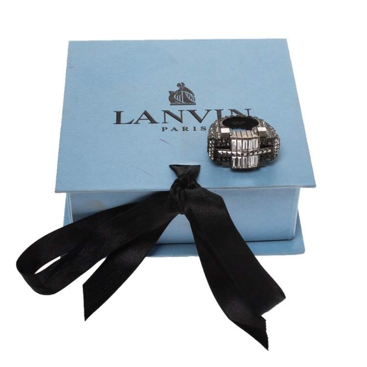 Pre Owned Lanvin Crystal Embellished Black Tone Cocktail Ring Size 54.5