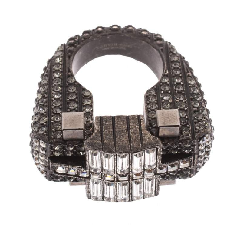 Pre Owned Lanvin Crystal Embellished Black Tone Cocktail Ring Size 54.5