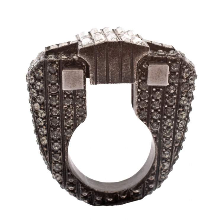 Pre Owned Lanvin Crystal Embellished Black Tone Cocktail Ring Size 54.5