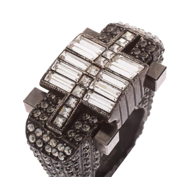 Pre Owned Lanvin Crystal Embellished Black Tone Cocktail Ring Size 54.5