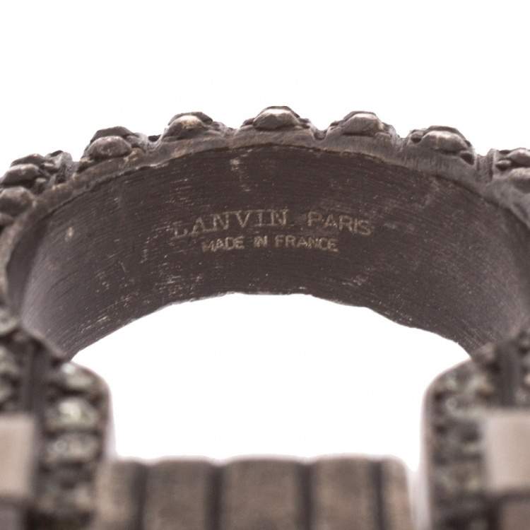 Pre Owned Lanvin Crystal Embellished Black Tone Cocktail Ring Size 54.5