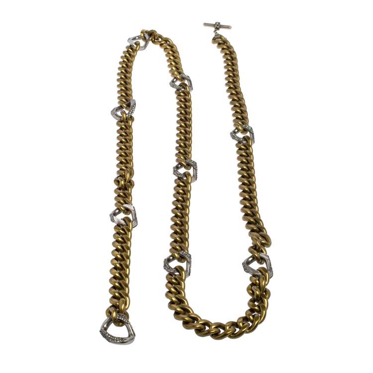 Pre Owned Lanvin Crystal Embellished Two Tone Curb Chain Blet 155 CM
