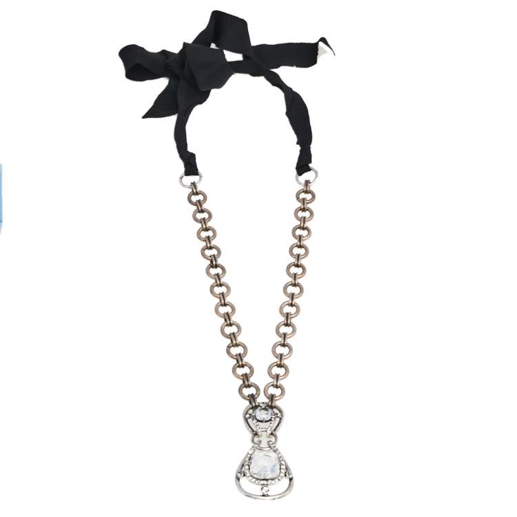 Pre Owned Lanvin Crystal Embedded Pendant Ribbon Necklace