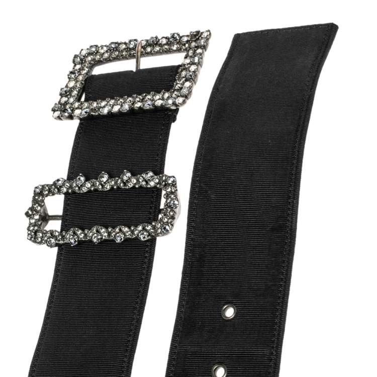 Pre Owned Lanvin Black Fabric Crystal Embellished Buckle Waist Belt Belt 70CM