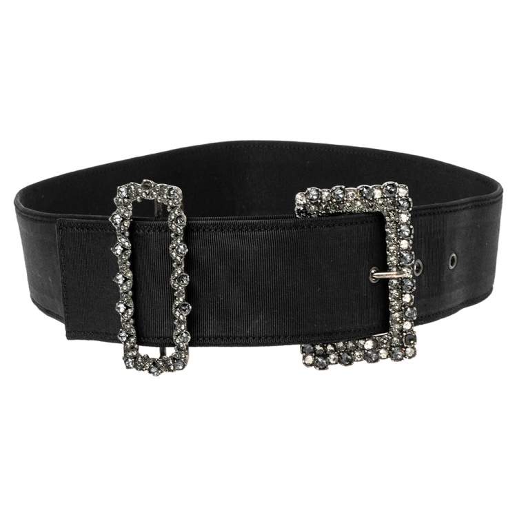 Pre Owned Lanvin Black Fabric Crystal Embellished Buckle Waist Belt Belt 70CM
