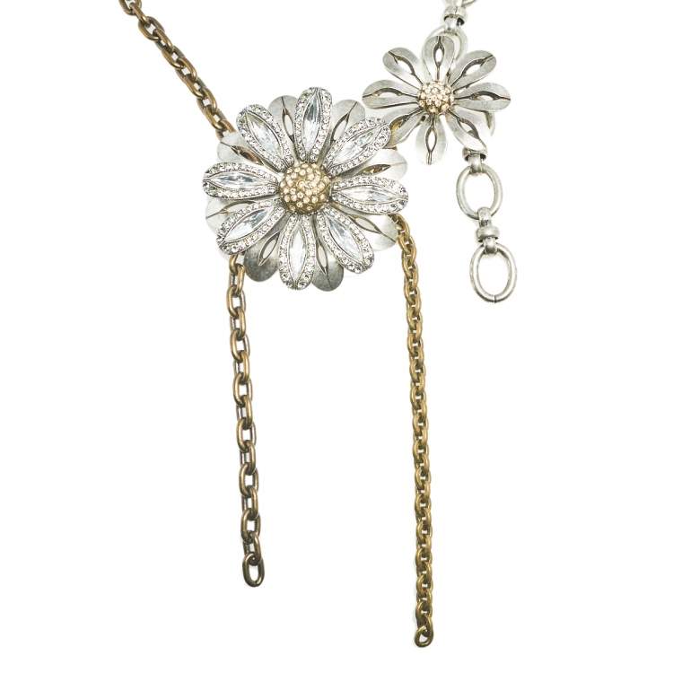 Pre Owned Lanvin Three Tone Crystal Floral Pendant Necklace