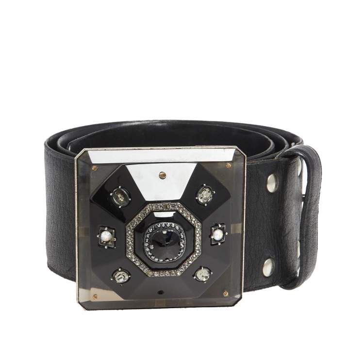 Pre Owned Lanvin Black Leather Crystals Embellished Square Buckle Belt S