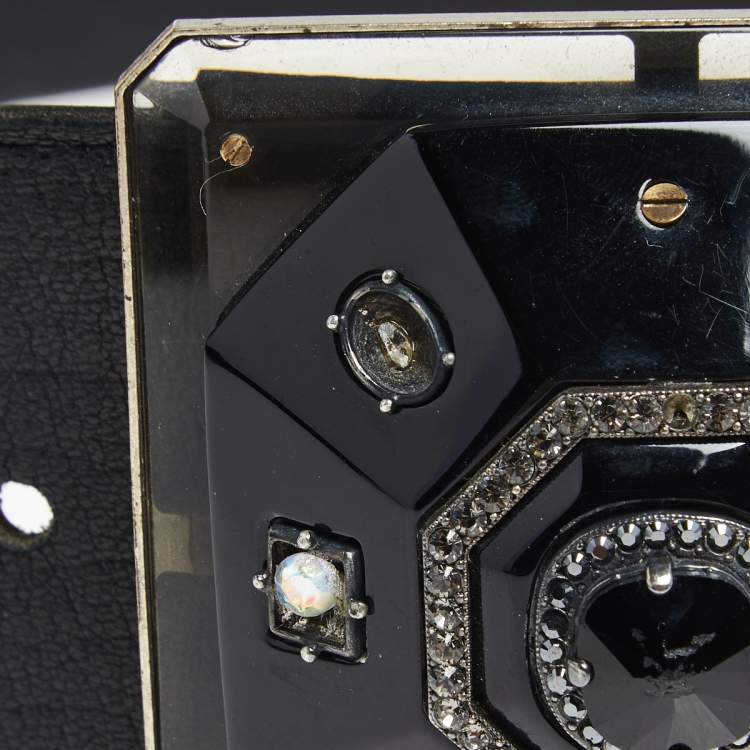 Pre Owned Lanvin Black Leather Crystals Embellished Square Buckle Belt S