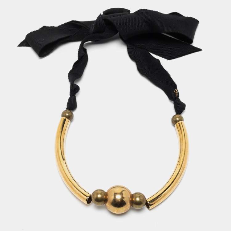 Pre Owned Lanvin Antique Gold Tone Bead & Grosgrain Ribbon Choker