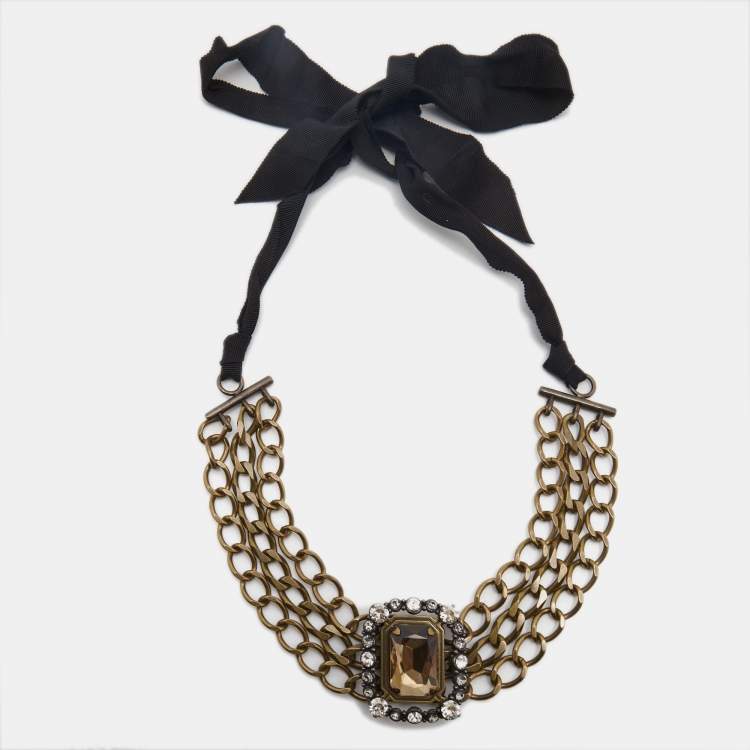 Pre Owned Lanvin Crystals Gold Tone Fabric Necklace