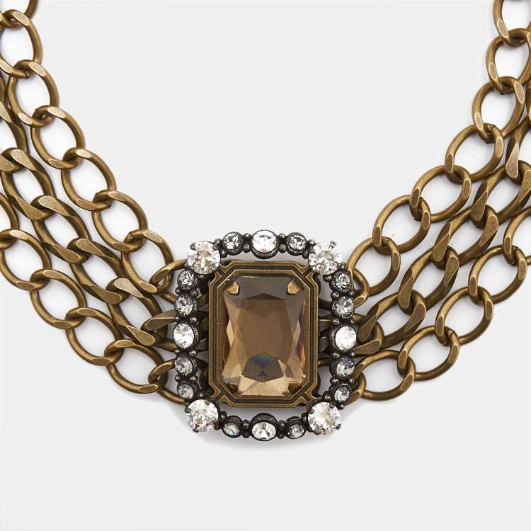 Pre Owned Lanvin Crystals Gold Tone Fabric Necklace
