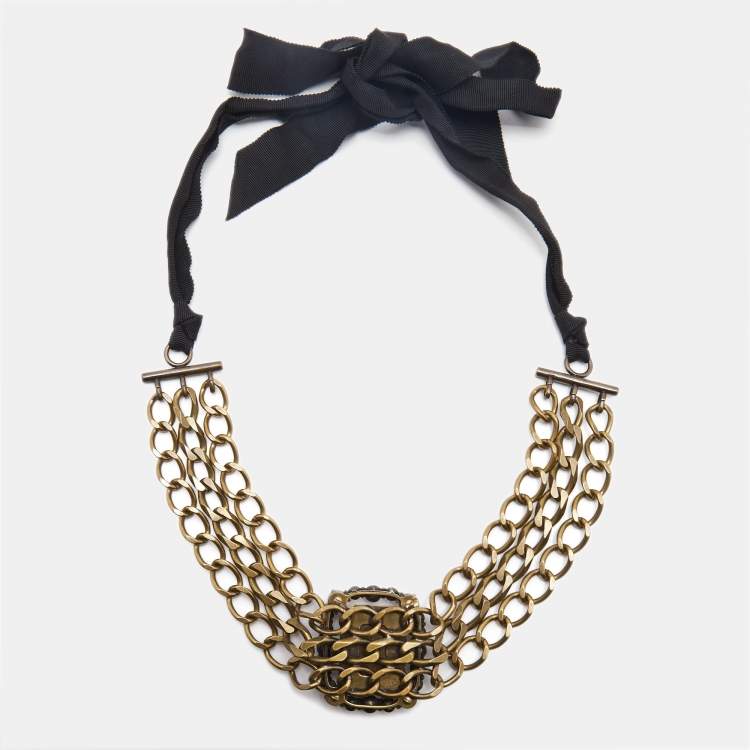 Pre Owned Lanvin Crystals Gold Tone Fabric Necklace