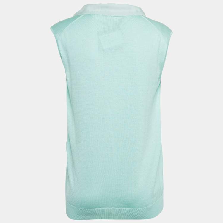 Pre Owned Lanvin Mint Green Cotton & Silk Knit Fringed Collar Sleeveless Top M