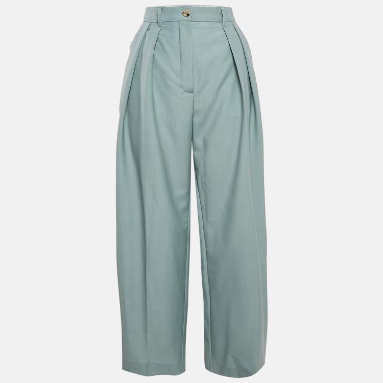 Pre Owned Lanvin Green Wool Blend Pleated Wide Leg Trousers S