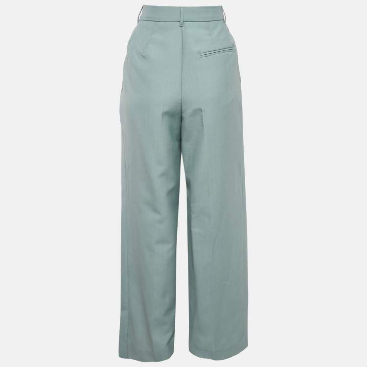 Pre Owned Lanvin Green Wool Blend Pleated Wide Leg Trousers S