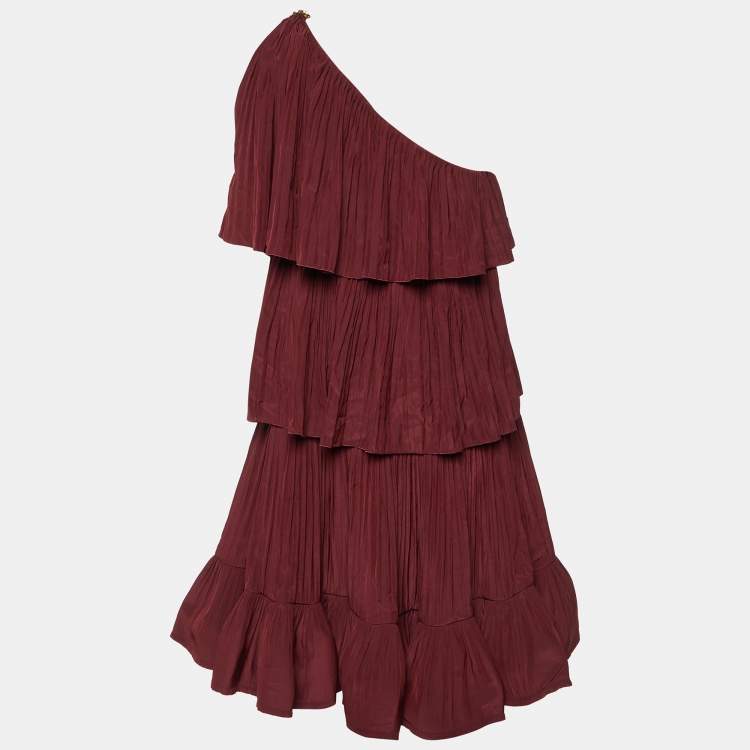 Pre Owned Lanvin Maroon Sateen Pleated One Shoulder Dress L