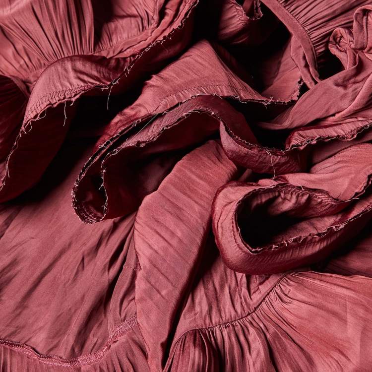 Pre Owned Lanvin Maroon Sateen Pleated One Shoulder Dress L