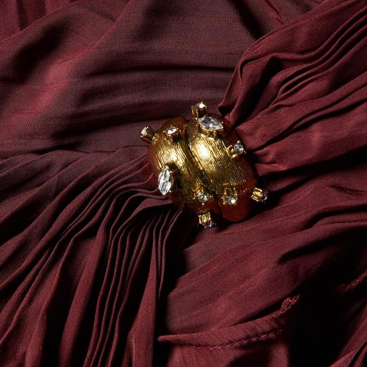Pre Owned Lanvin Maroon Sateen Pleated One Shoulder Dress L