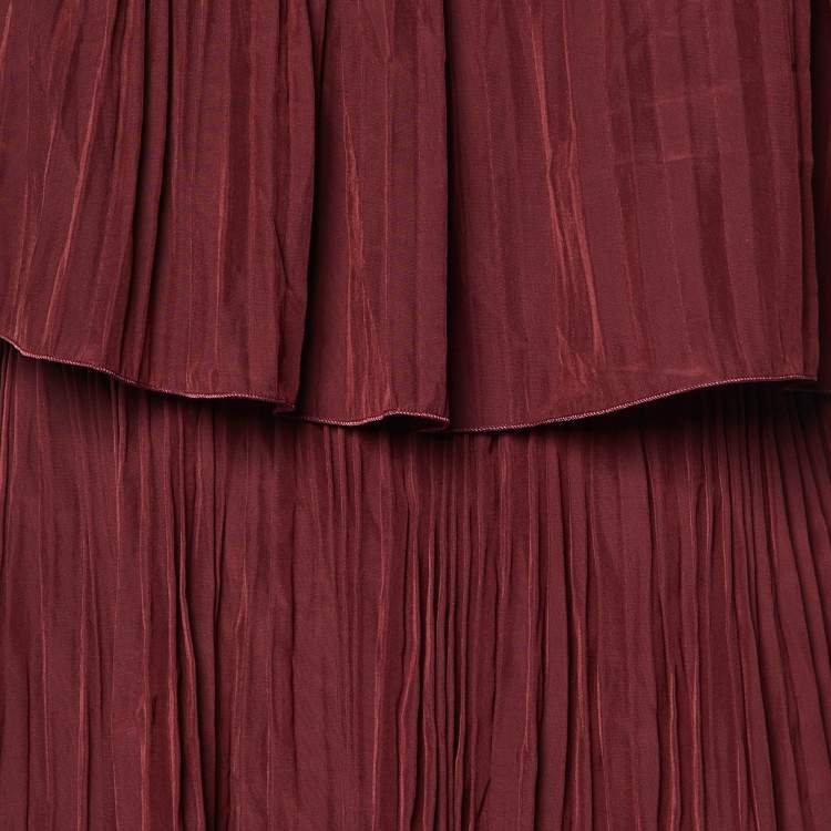 Pre Owned Lanvin Maroon Sateen Pleated One Shoulder Dress L