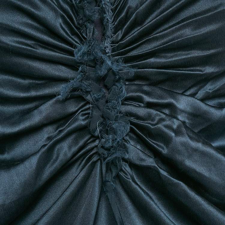 Pre Owned Lanvin Blue Satin Silk Frayed Asymmetric Sleeveless Maxi Dress S