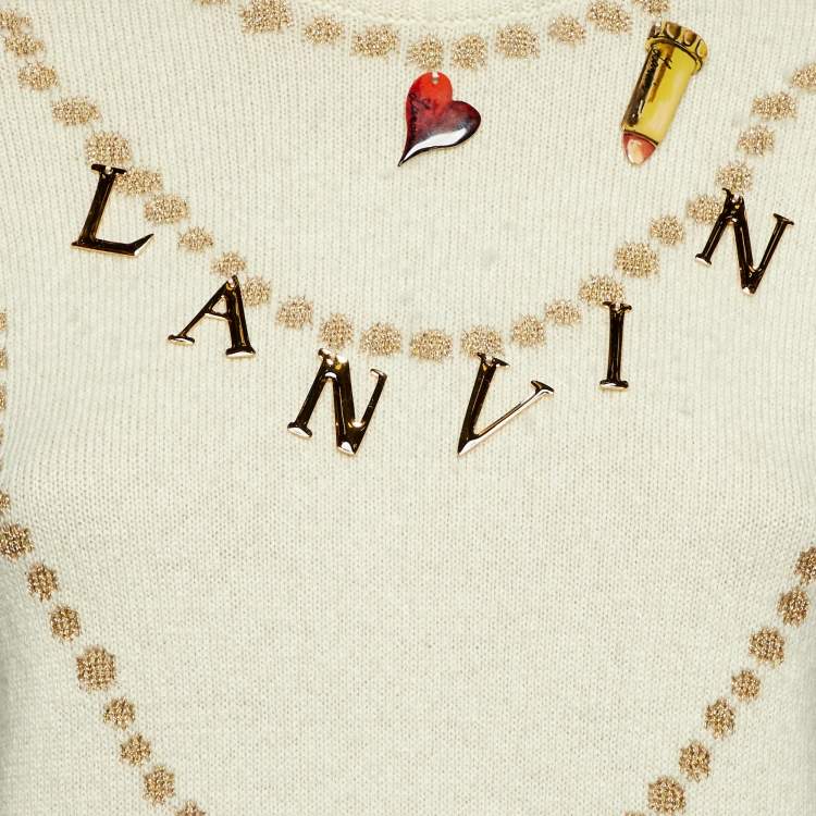 Pre Owned Lanvin Cream Cashmere & Wool Knit Logo Charm Detail Sweater S
